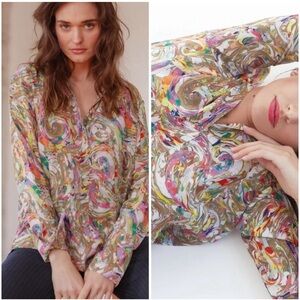 Catherine Gee Daria French Cuff 100% Silk Blouse In Paint Swirl Size S